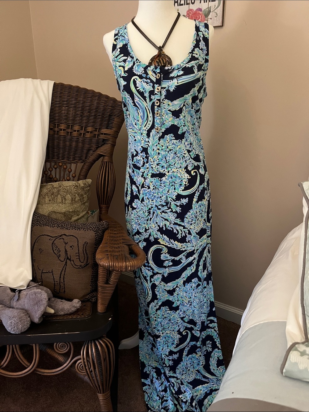 Lilly Pulitzer Navy Maxi Dress with Light Blue Floral Paisley